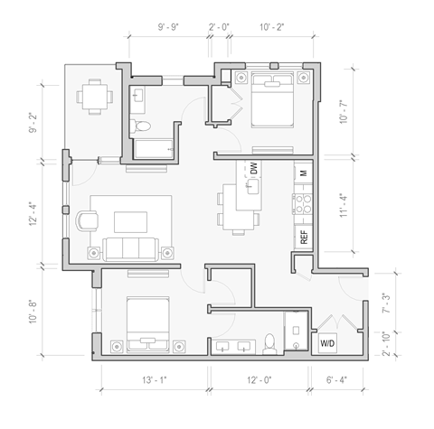 Floor plan for 2 beds, 2 baths, 1035 sqft